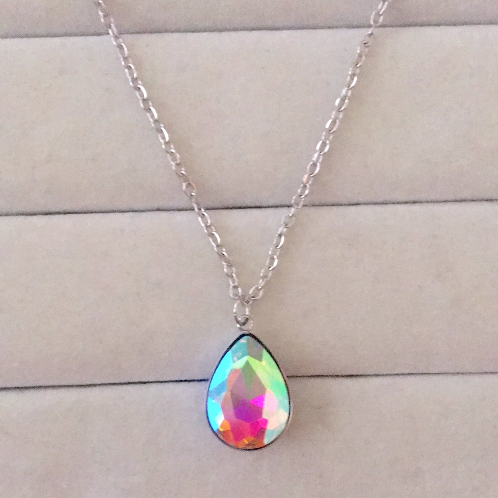 Aurora Borealis Crystal Pear Drop Pendant Necklace - Picture 6 of 8